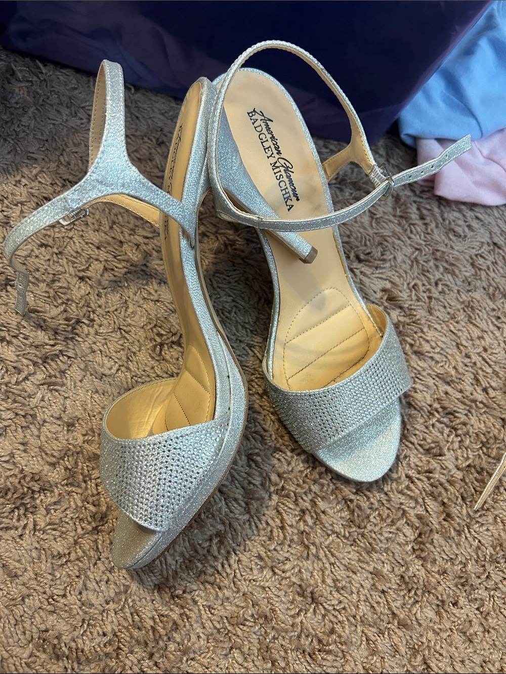 Badgley Mischka Silver Glitter Open-Toe Slingback Heels